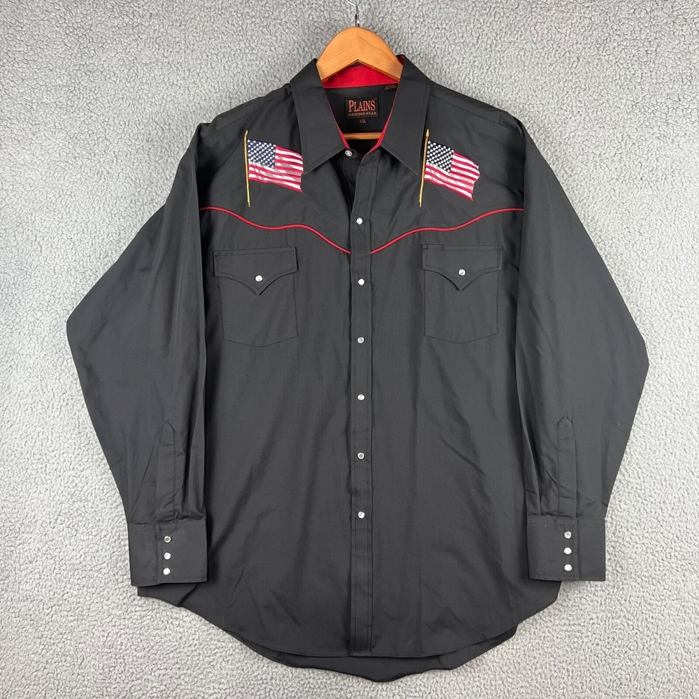 Plains Western Shirt Mens XXL Black Pearl Snap Up United States Flag Embroidered